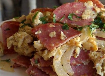 Cookin’ Greens Scrambled Eggs with Salami
